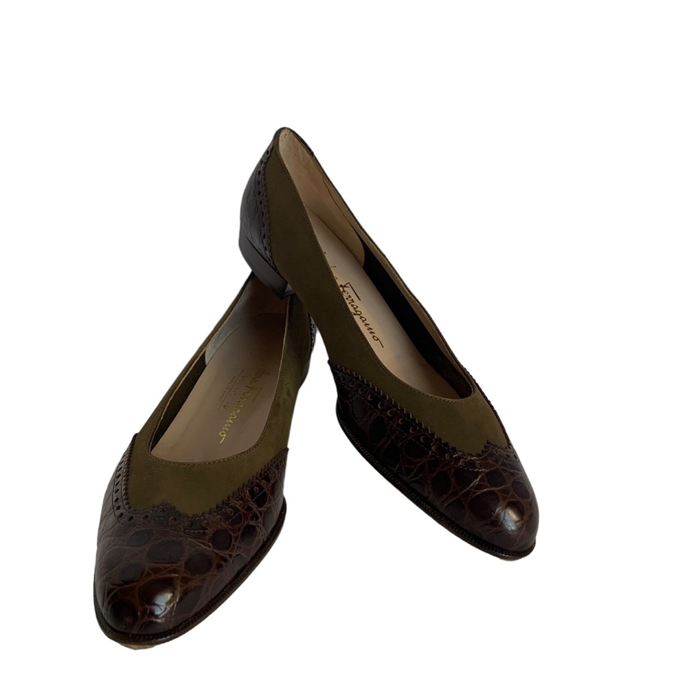 Salvatore Ferragamo Size 7.5 Dark Brown Leather and Olive Green Suede Loafers - Picture 6 of 8